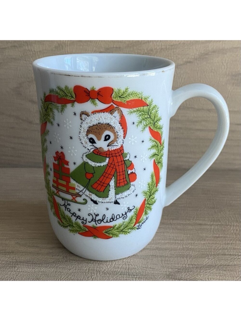 Happy Holidays Mug Mouse Sled Presents Wreath Red Green Vtg by Lorrie